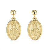 Oval Virgin Mary Relief Silver Drop Earrings for Women